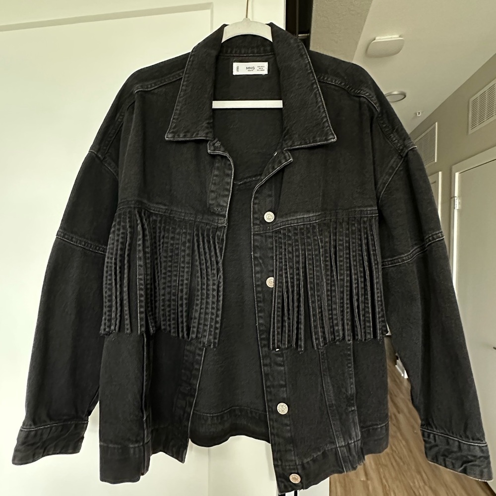 Mango Black Fringe Denim Jacket